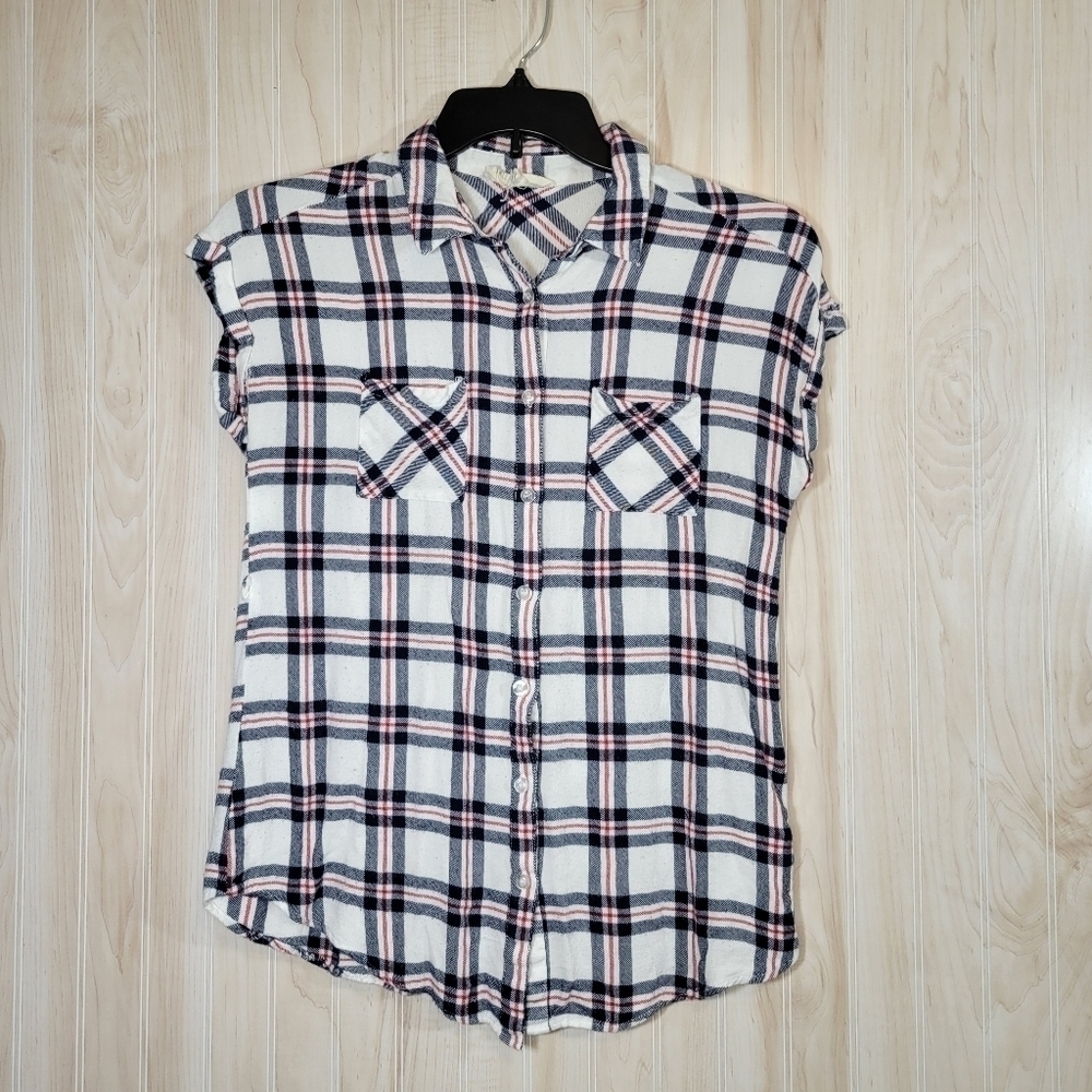 Sweet Wanderer Plaid Button-Down Cap Sleeve Top Sz Med